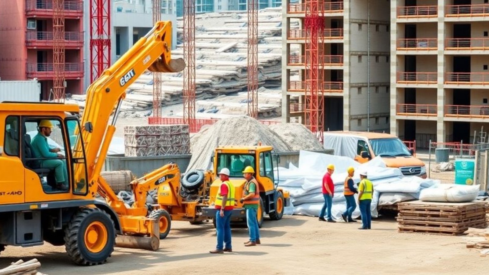 Site de construction moderne avec ouvriers et machines.