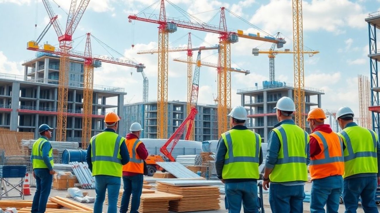 Site de construction moderne avec travailleurs et équipements.