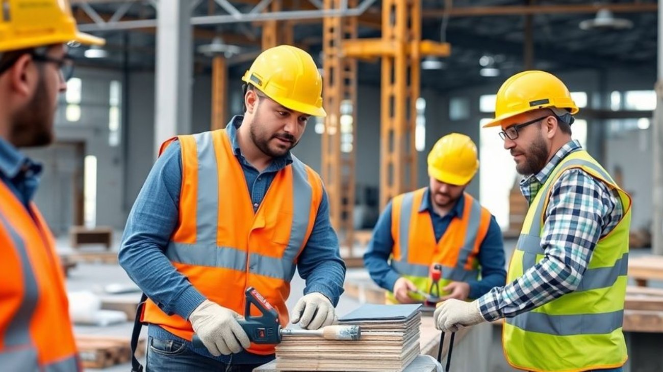 Travailleurs qualifiés sur un chantier de construction moderne.